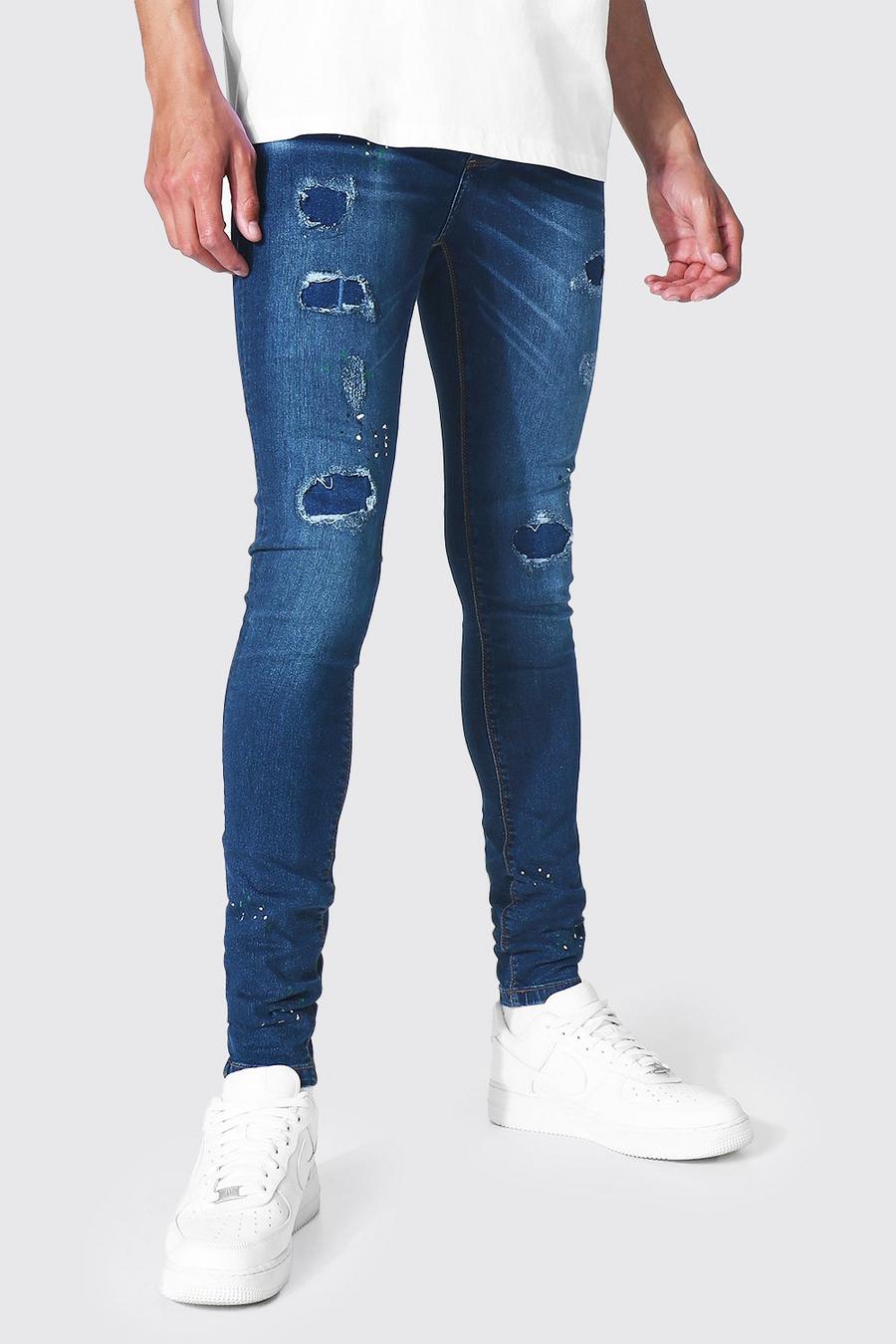 כחול כהה סופר סקיני ג'ינס עם כתמי צבע לגברים גבוהים image number 1
