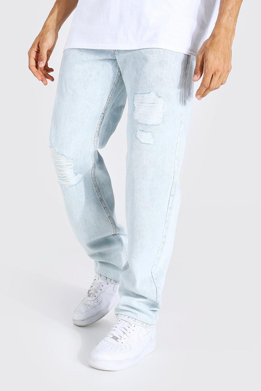 כחול קרח ג'ינס בגזרה משוחררת עם קרעים וטלאים לגברים גבוהים image number 1
