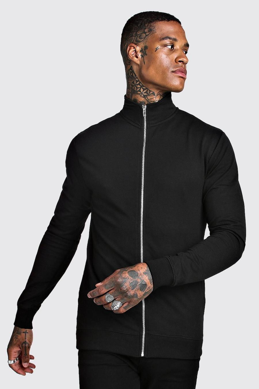Black Muscle Fit Funnel Neck Zip Through Sweatshirt image number 1