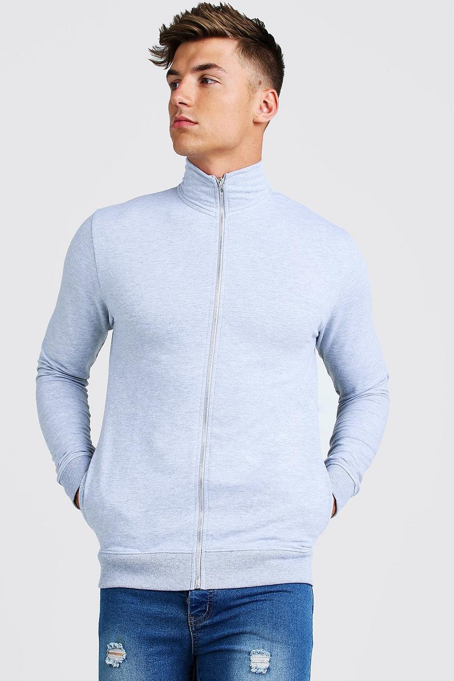 Muscle Fit Sweatshirt mit Trichterkragen und durchgehendem Reißverschluss, Grau image number 1