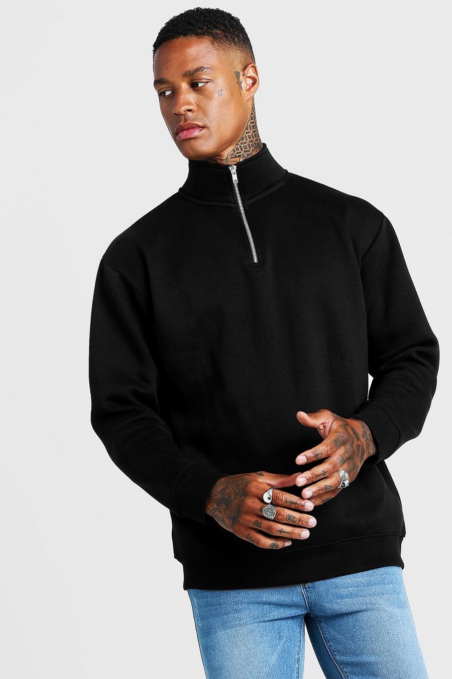 Black Funnel Neck Loose Fit Drop Shoulder 3/4 Zip Sweater image number 1