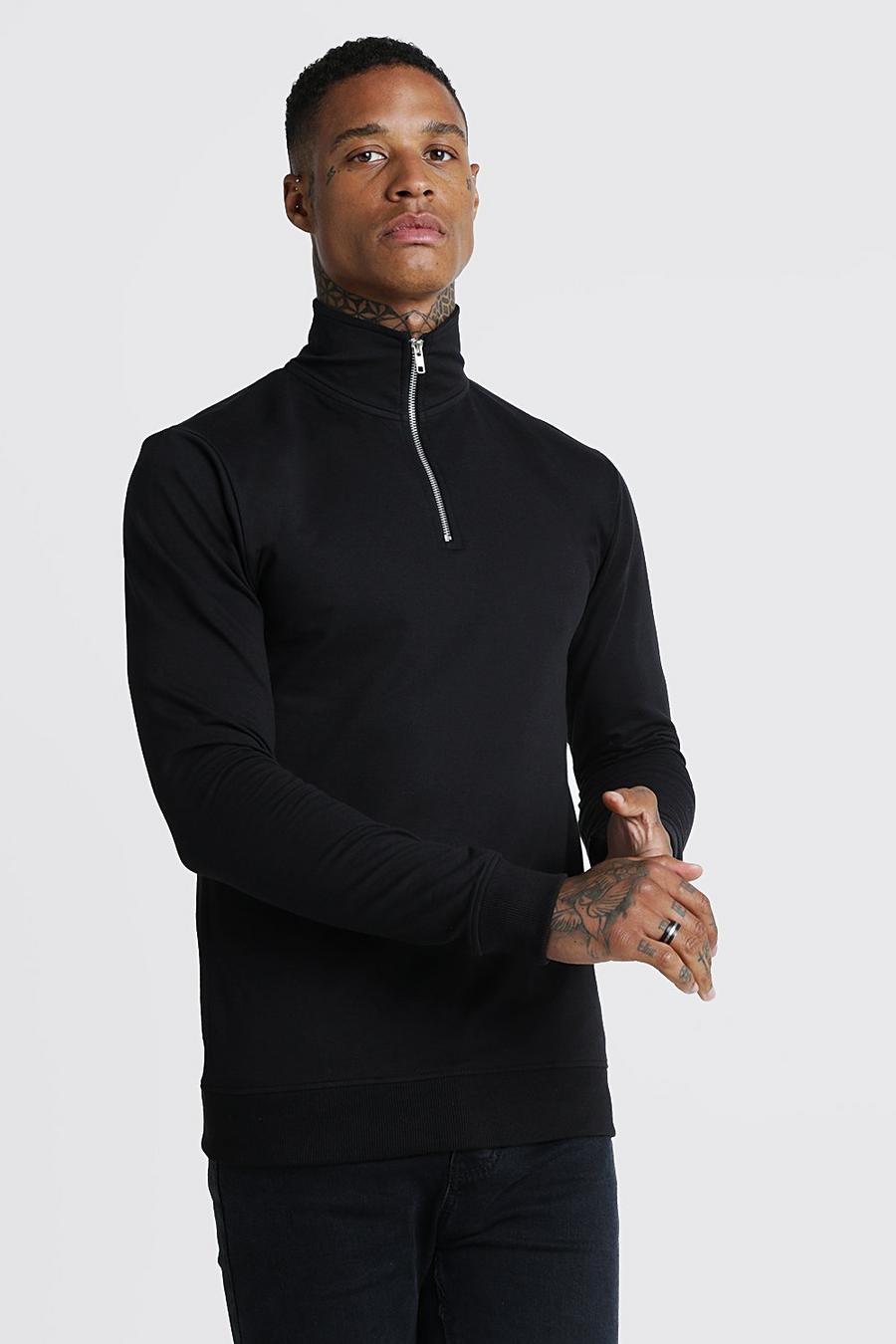 Black Sweatshirt med hög krage, kort dragkedja och muscle fit image number 1