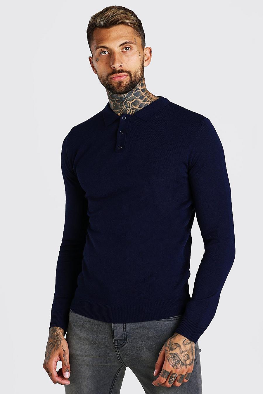 Navy Muscle Fit Long Sleeve Knitted Polo image number 1