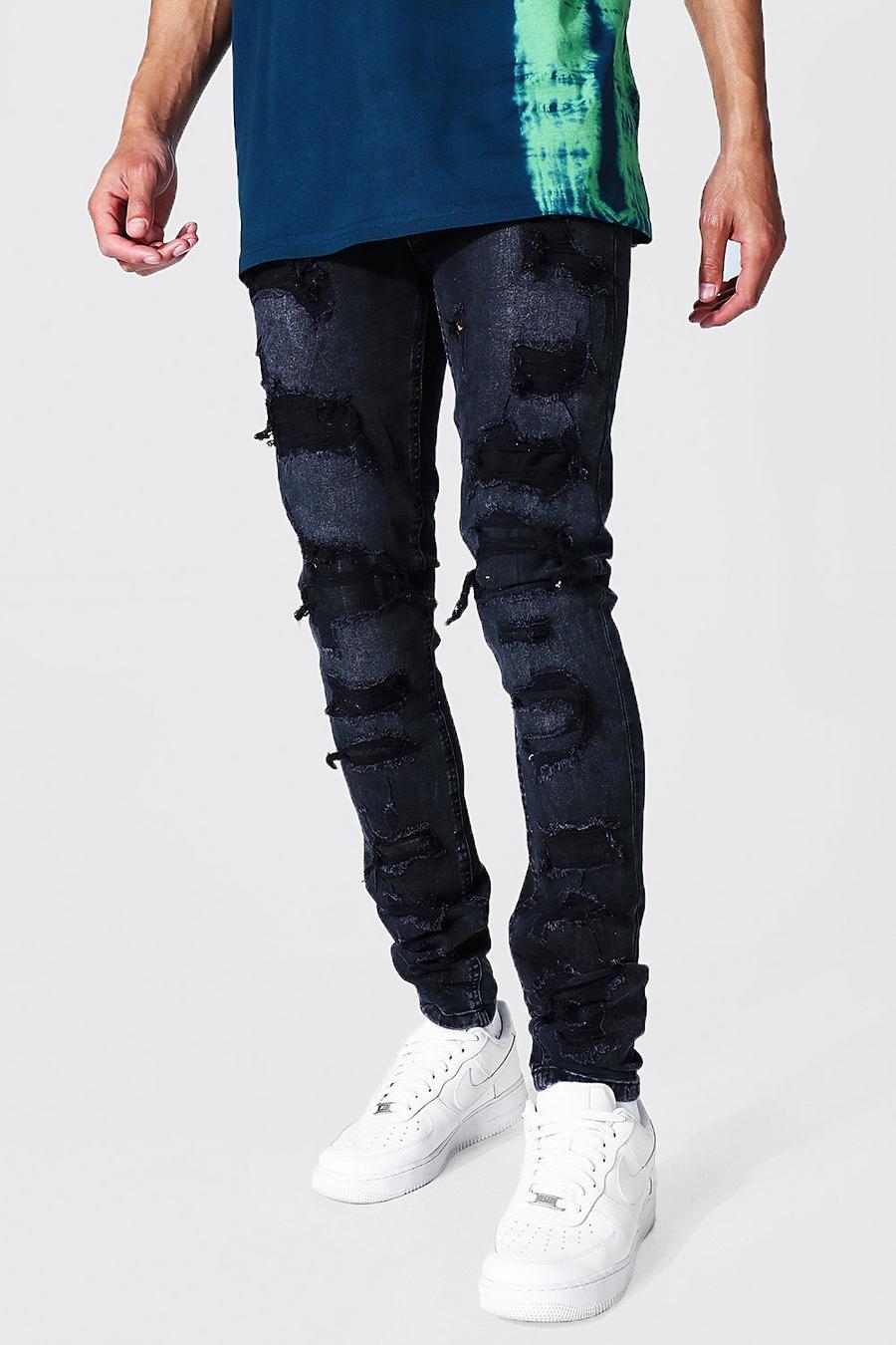 Jeans Tall Skinny Fit elasticizzati con strappi estremi, Washed black image number 1