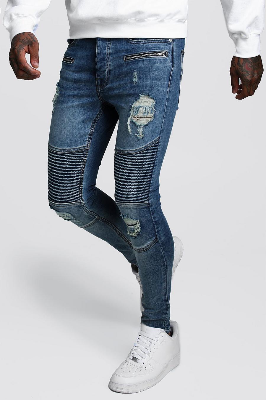 Jeans taglio skinny stile biker effetto spruzzato con cerniere, Azzurro image number 1