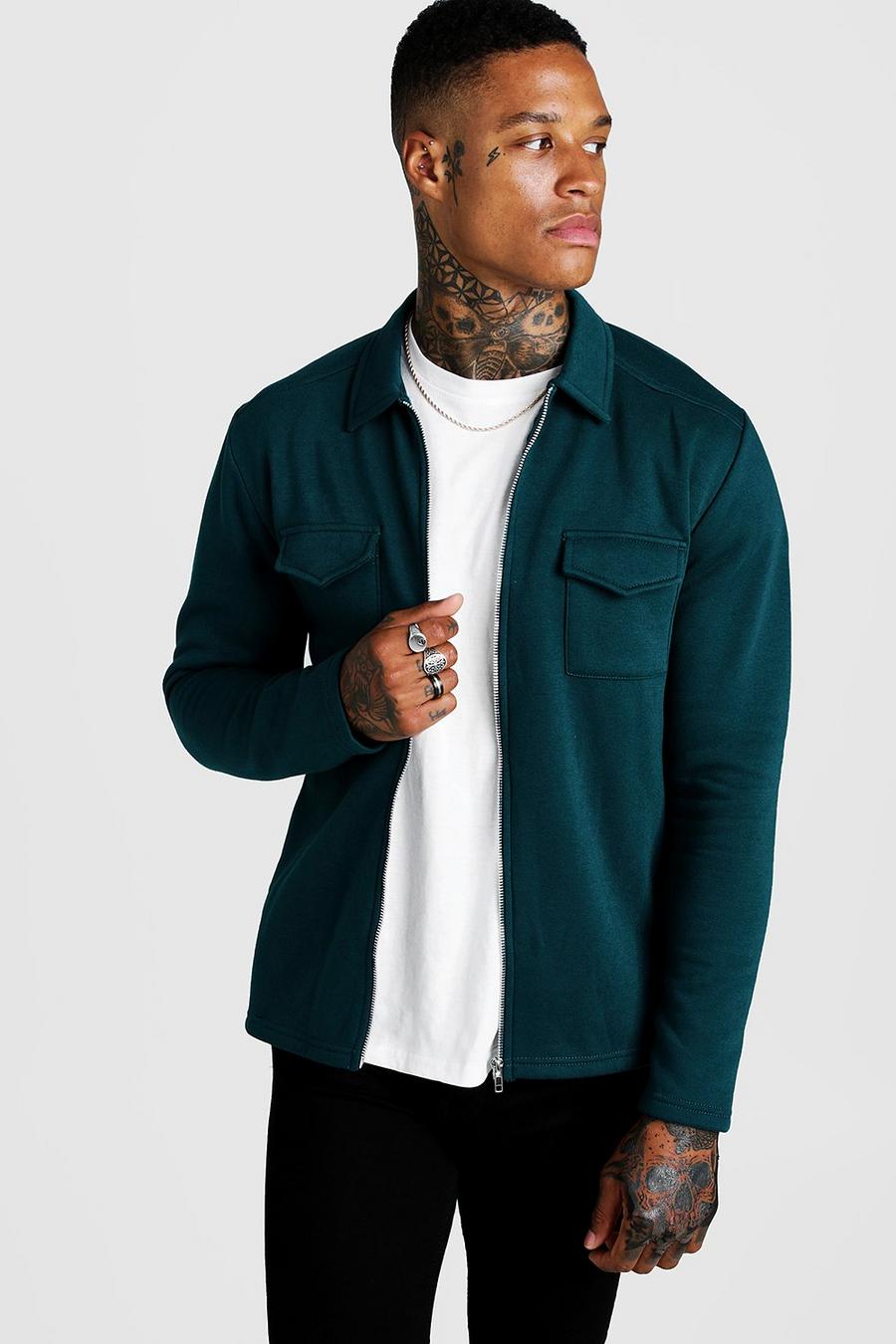 Teal Jersey Utility Zip Shacket image number 1