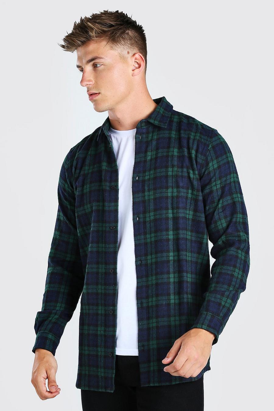 Green grün Long Sleeve Longline Flannel Check Shirt image number 1