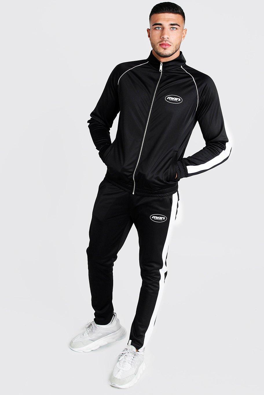 MAN Funnel Neck Tricot Tracksuit With Side Tape | Boohoo UK