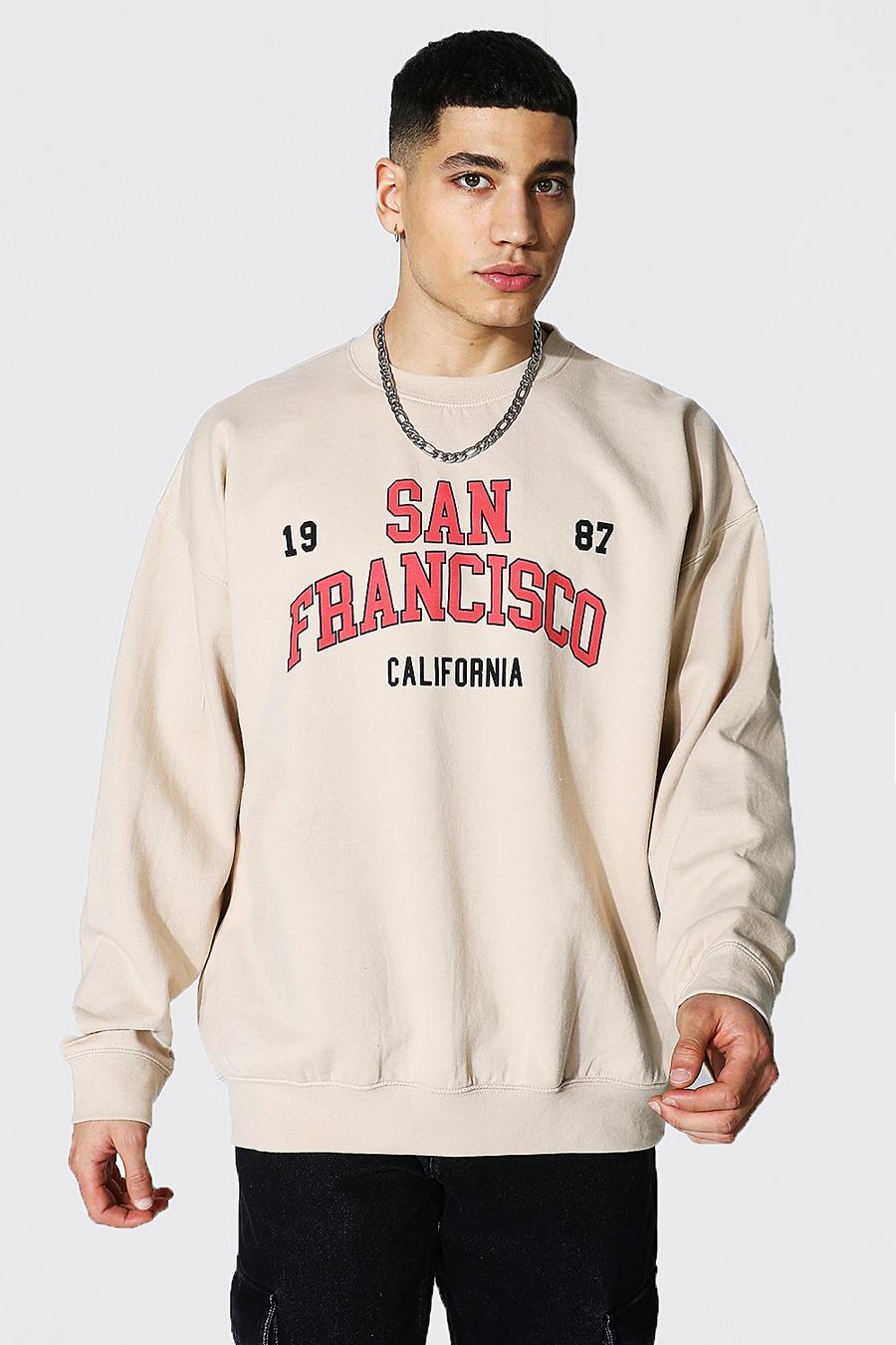Pullover in Übergröße mit San Francisco-Print, Sand image number 1