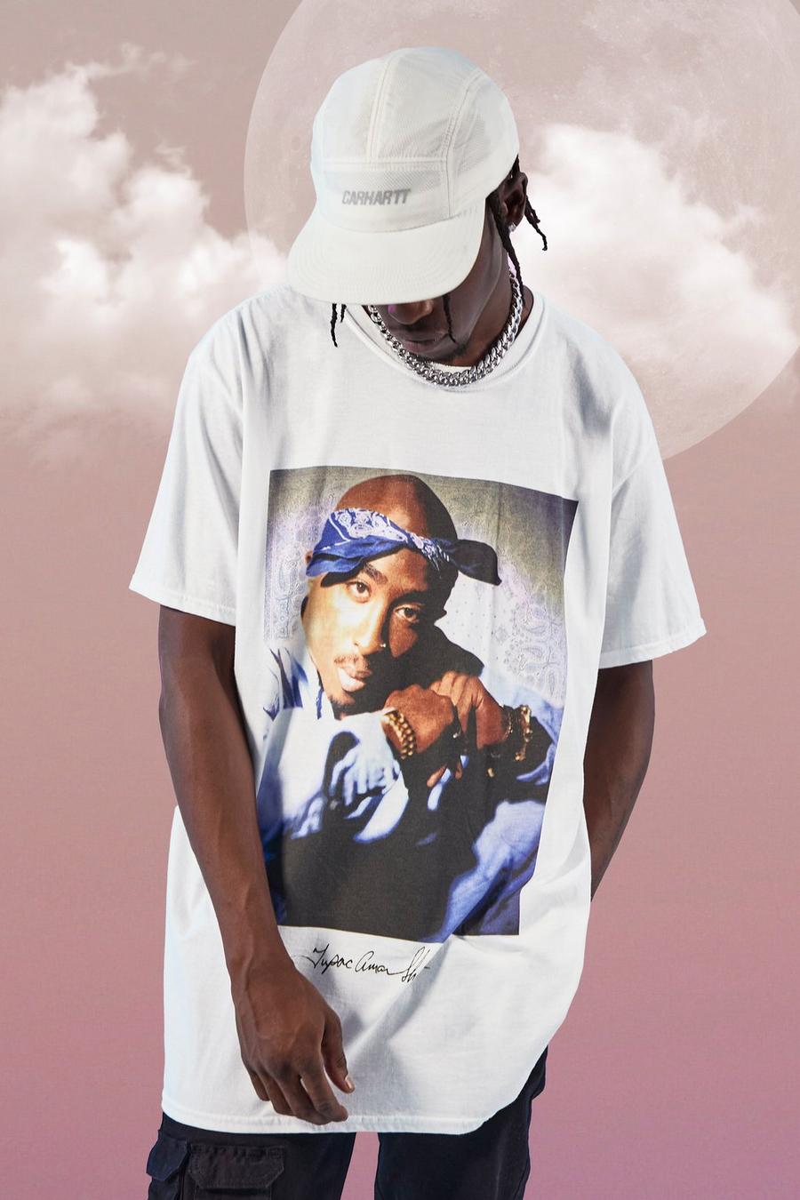 Camiseta oversize con estampado bandana de Tupac, Blanco image number 1