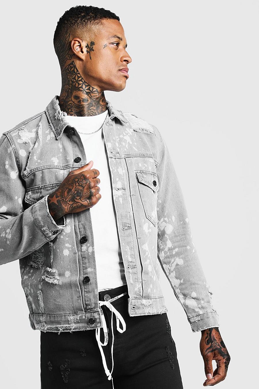 Light grey Ripped Denim Jacket With Bleach Effect image number 1