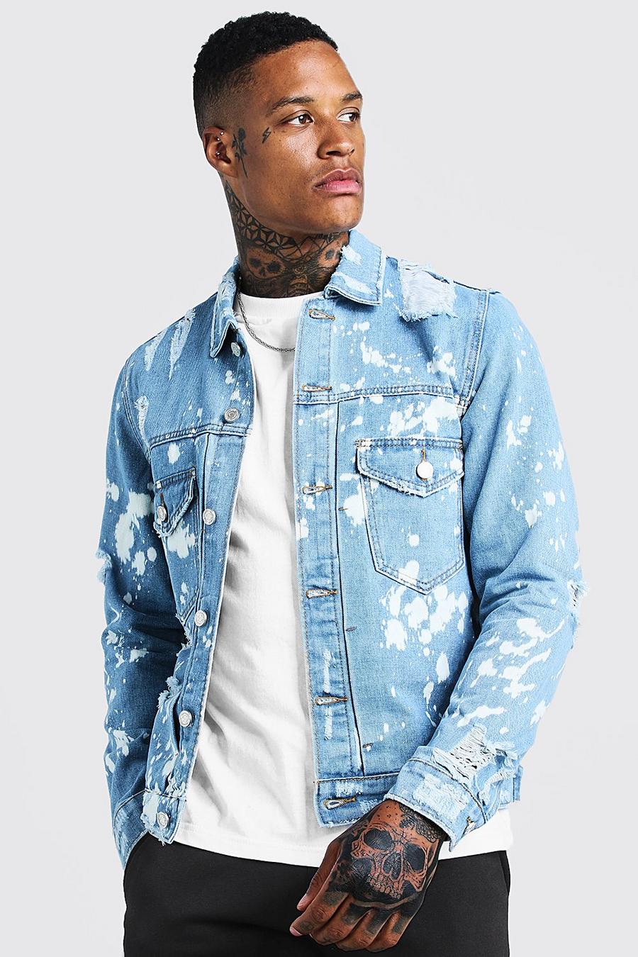 Mid blue Ripped Denim Jacket With Bleach Effect image number 1
