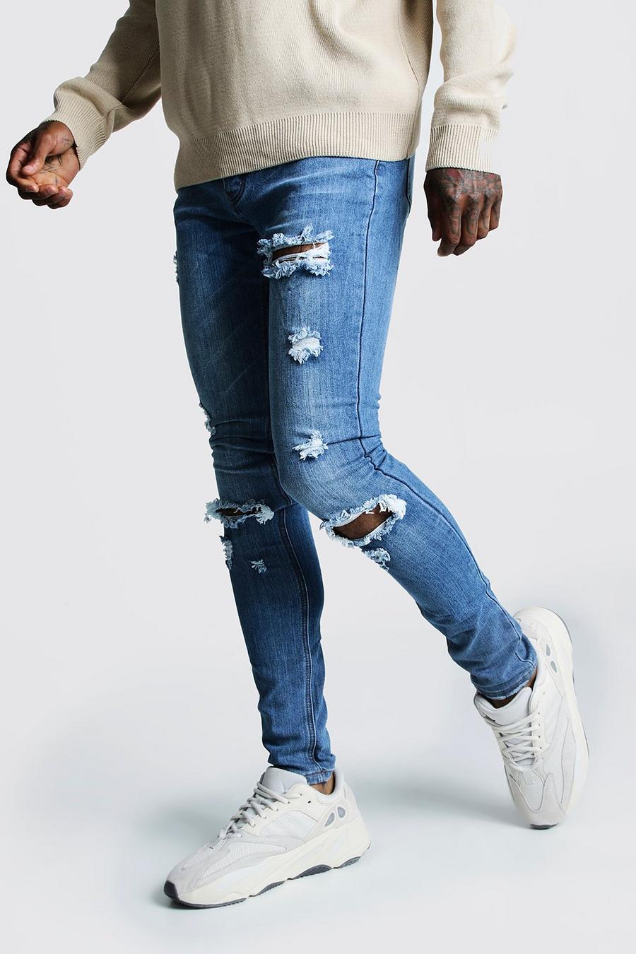 Mid blue Super skinny jeans med slitna knän image number 1