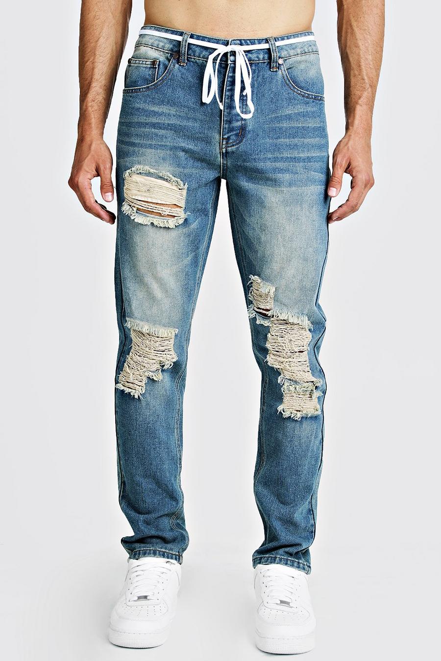 Slim-Fit Jeans in Used-Optik mit Gürtel, Vintage-blau image number 1