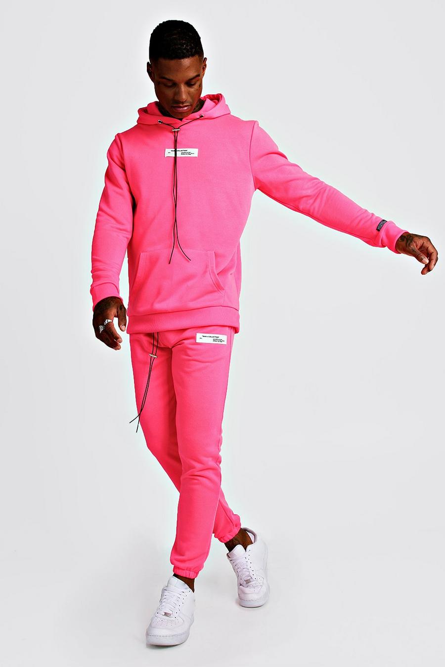 Neon-pink MAN Collection Neonfärgad träningsoverall med huva image number 1