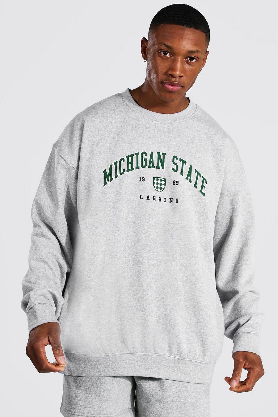 College-Sweatshirt in Übergröße mit Michigan-Print, Grau meliert image number 1