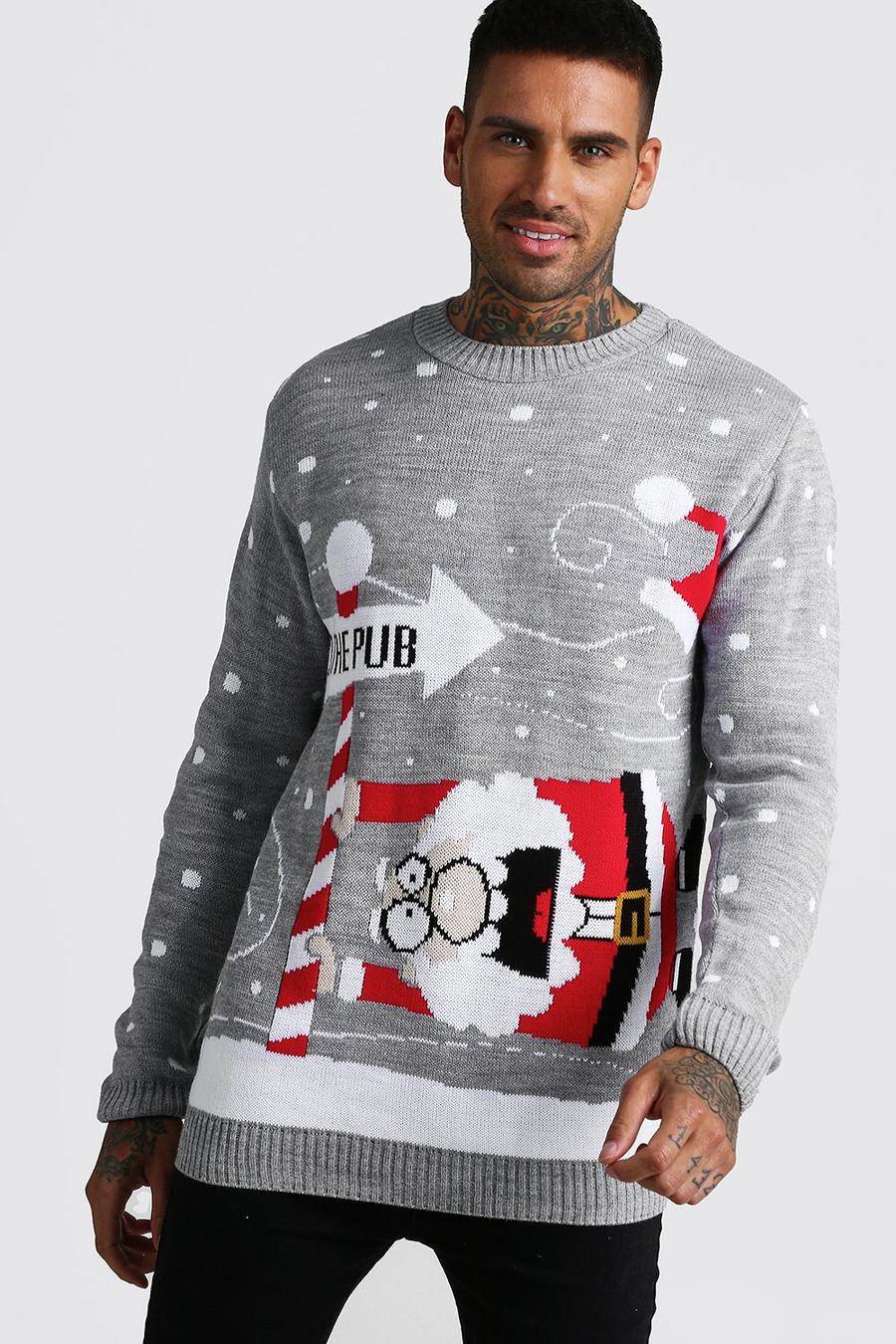 Pullover natalizio a maglia con scritta “To the pub”, Grigio image number 1