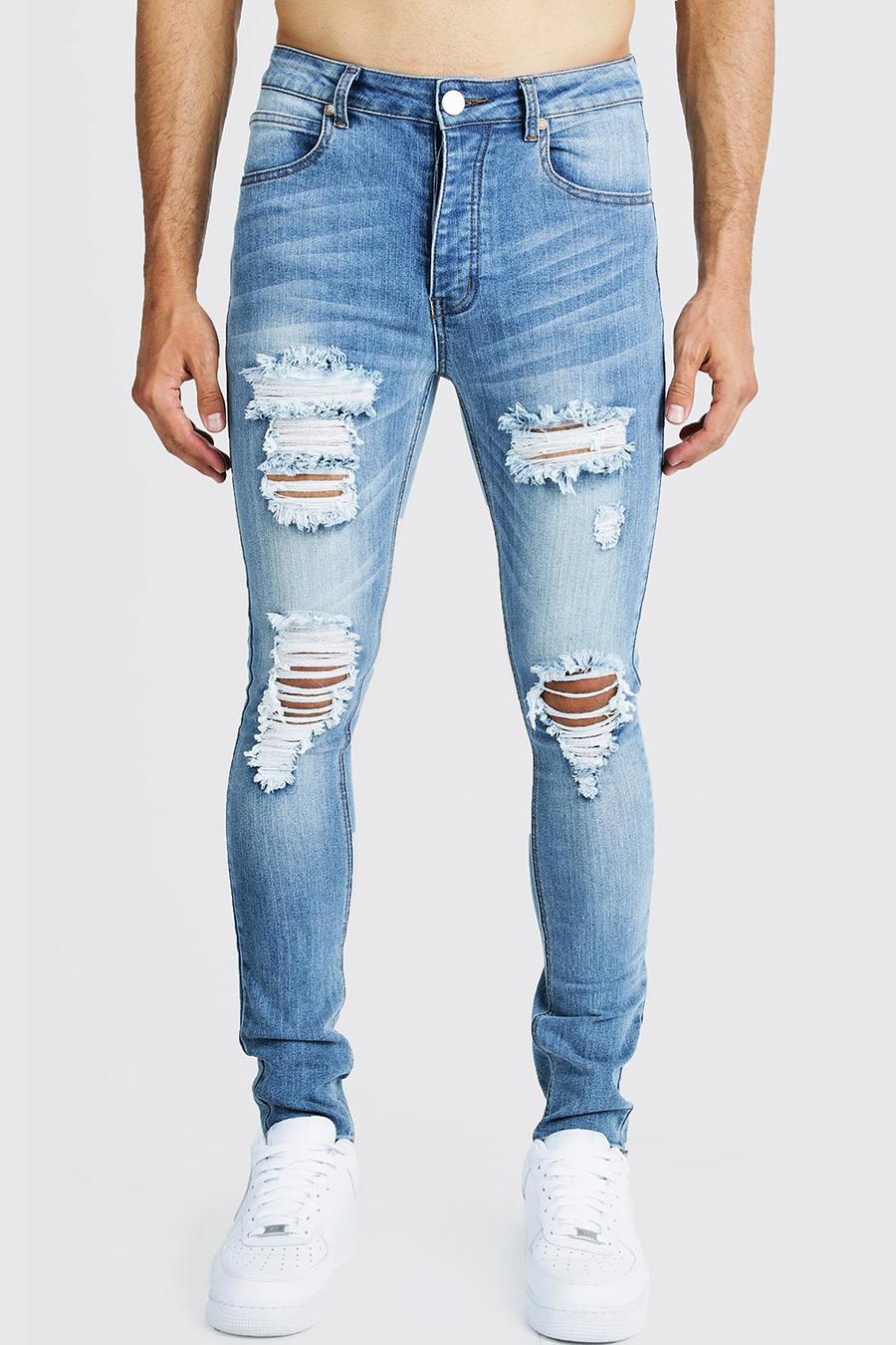 Mid blue Super skinny jeans med mycket slitna detaljer image number 1