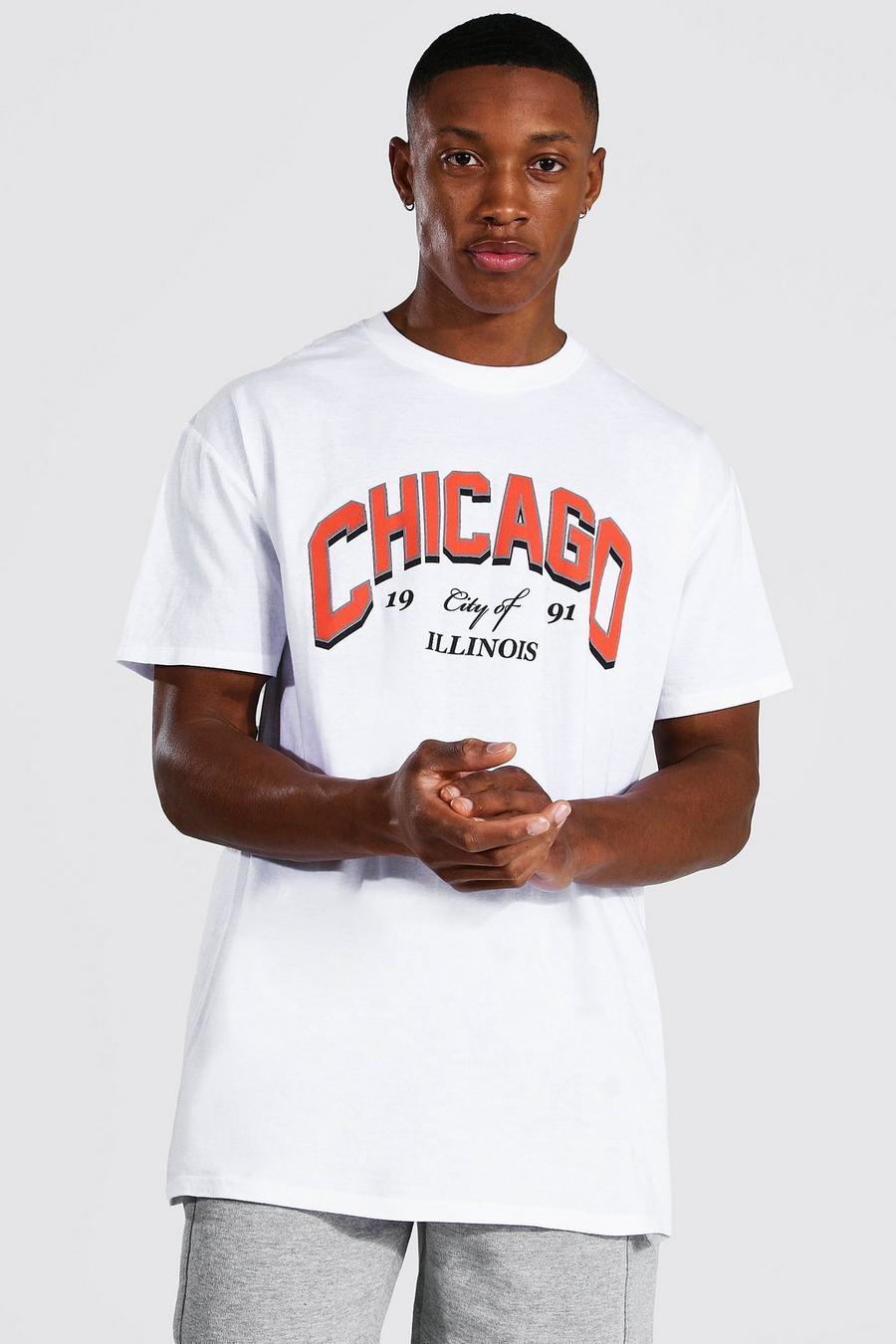 T-shirt oversize con stampa Chicago in stile varsity, Bianco image number 1