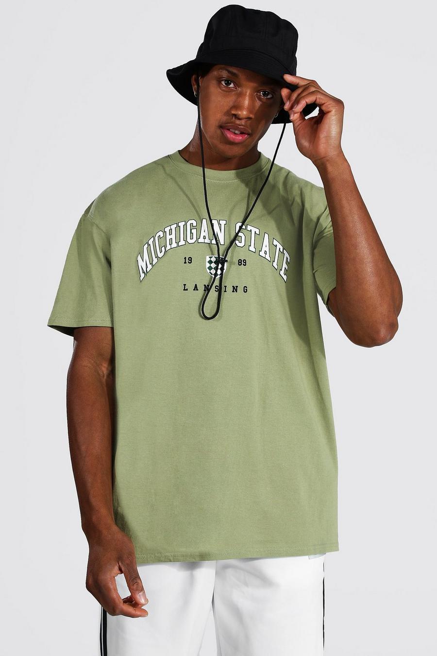 College T-Shirt in Übergröße mit Michigan-Print, Khaki image number 1