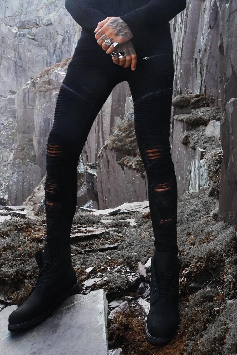 Jeans stile biker taglio super skinny con strappi & rattoppi, Nero negro image number 1