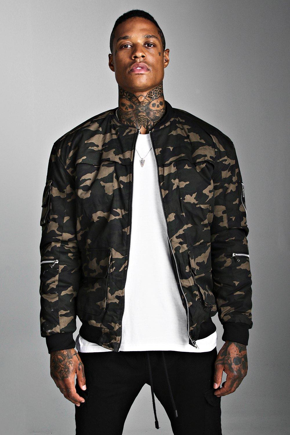 Mens black discount camo bomber jacket