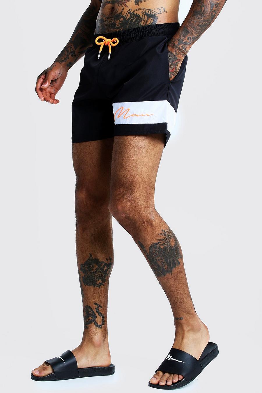 Neon-orange MAN Contrast Panel Mid Length Swim Shorts