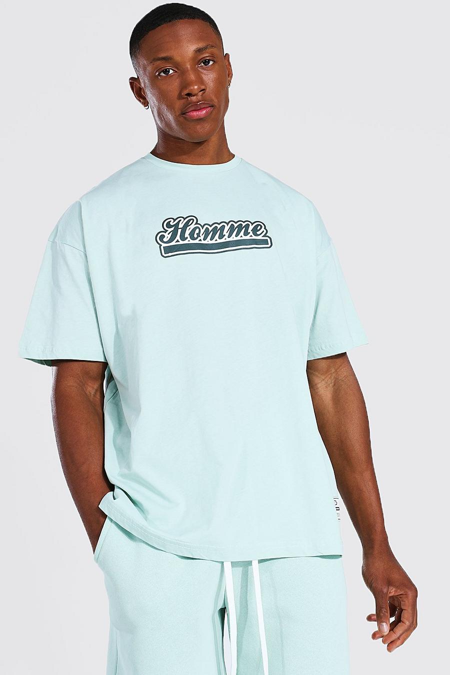 T-Shirt in Übergröße mit Homme College-Print, Grün image number 1