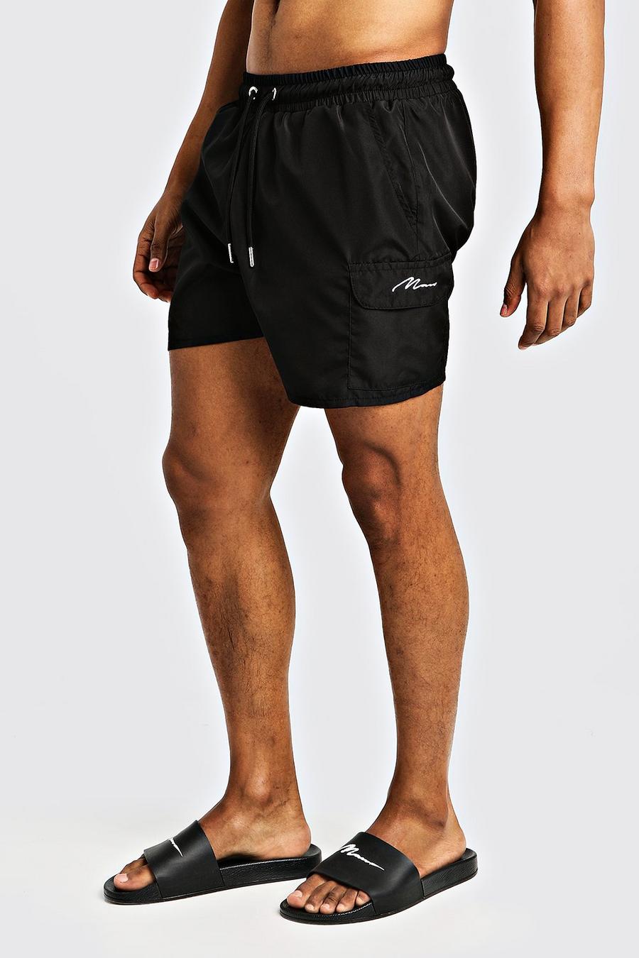 Black Mid Length Cargo MAN Swim Shorts image number 1