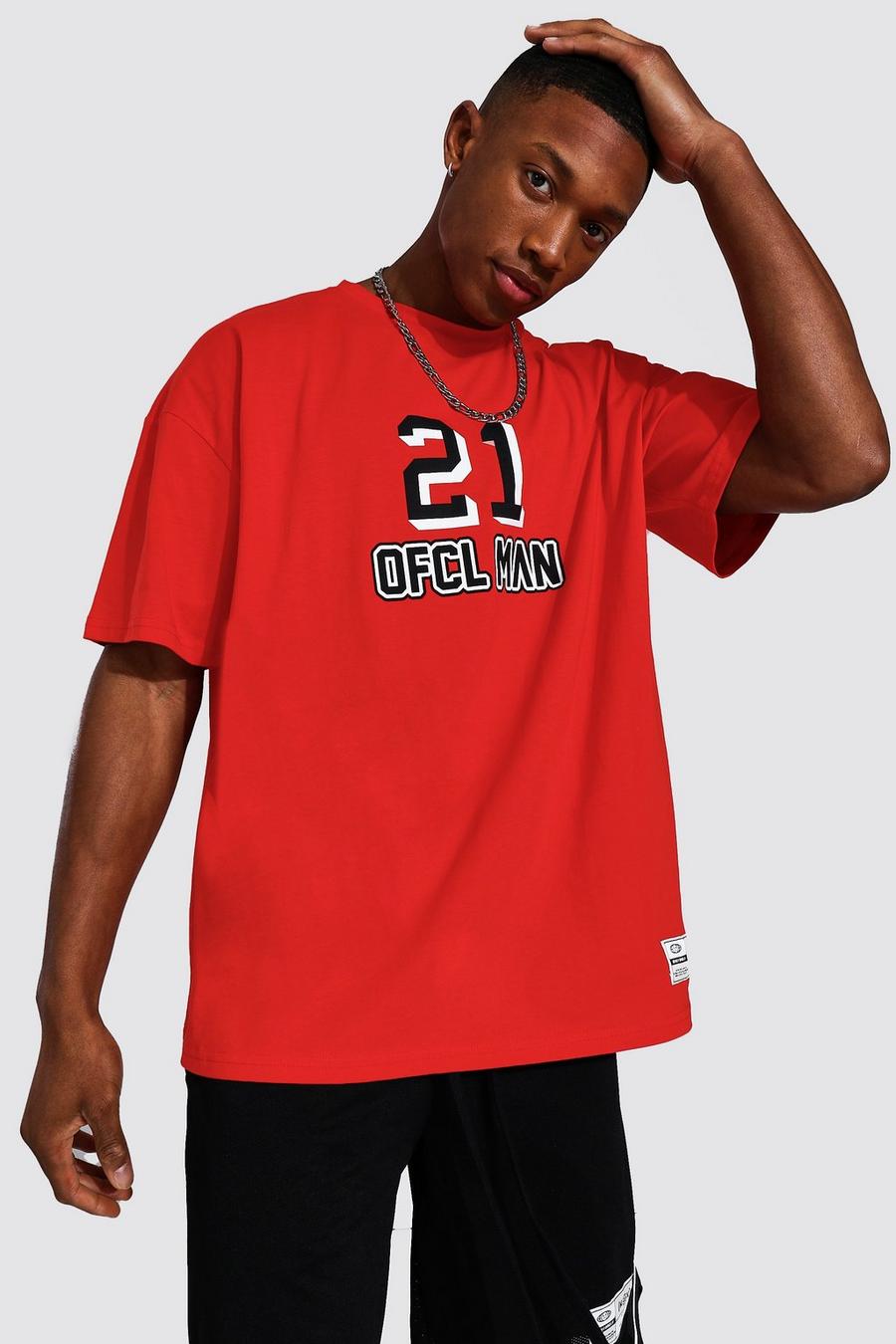T-Shirt in Übergröße mit Ofcl Man College-Print, Rot image number 1