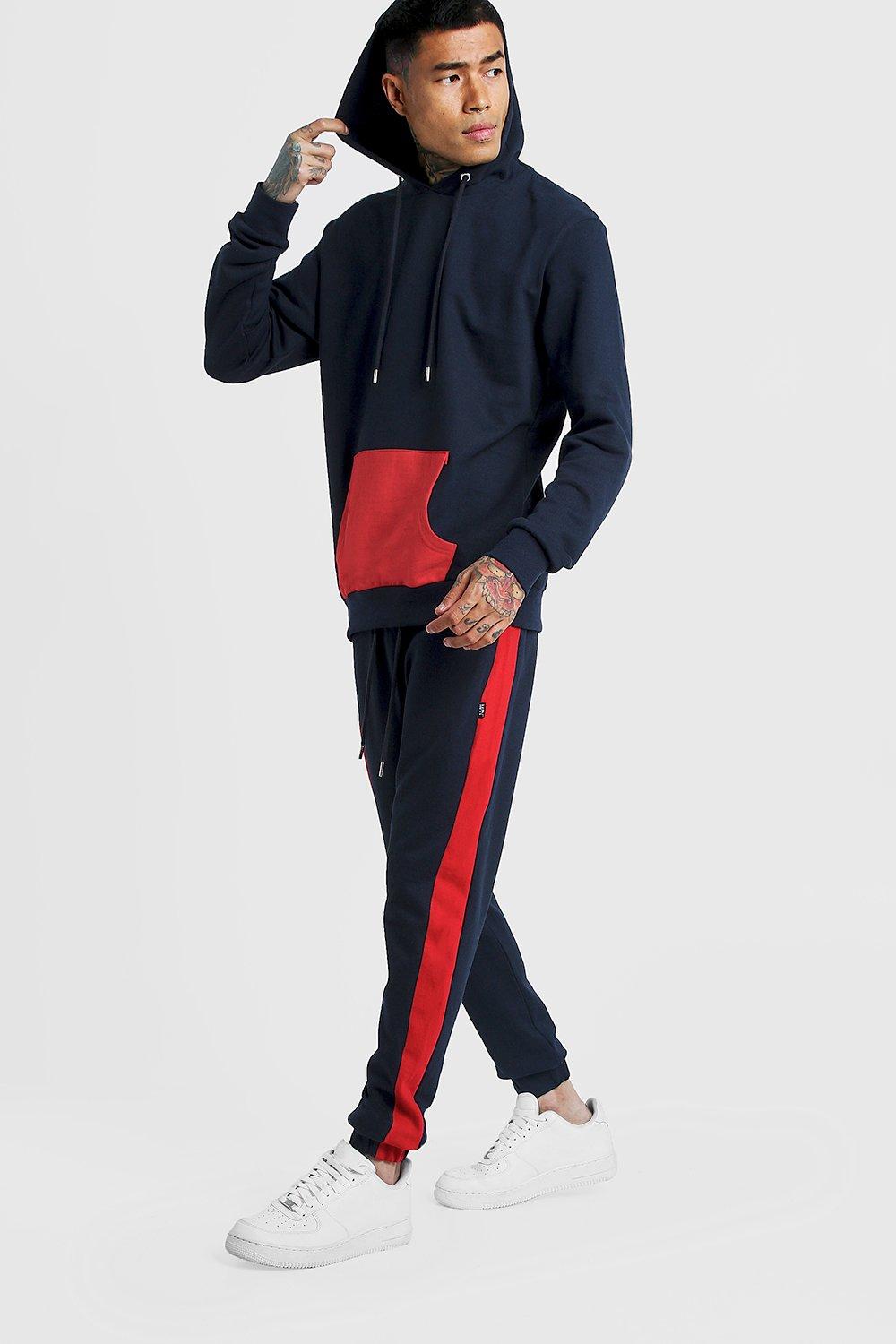 Men's Hooded Tracksuit With Contrast Panels | Boohoo UK