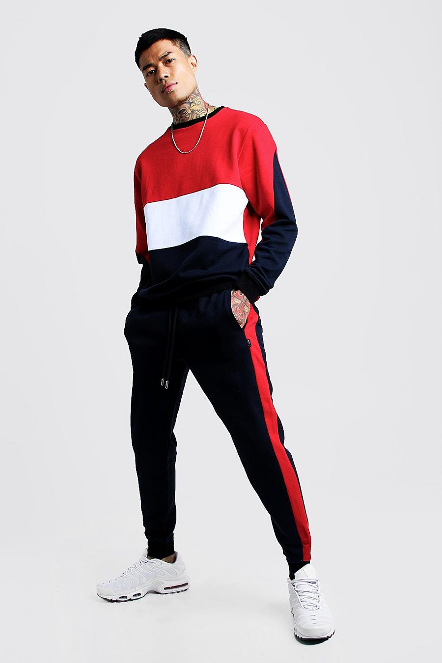 Navy Colour Block Sweater Tracksuit image number 1