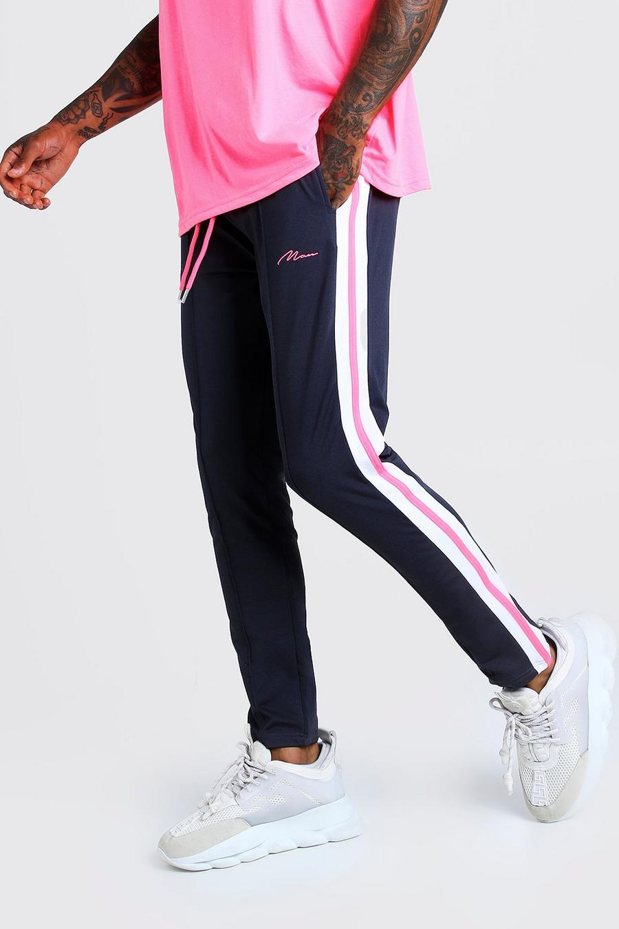 Man Signature Slim fit joggers med neonfärgade ränder image number 1