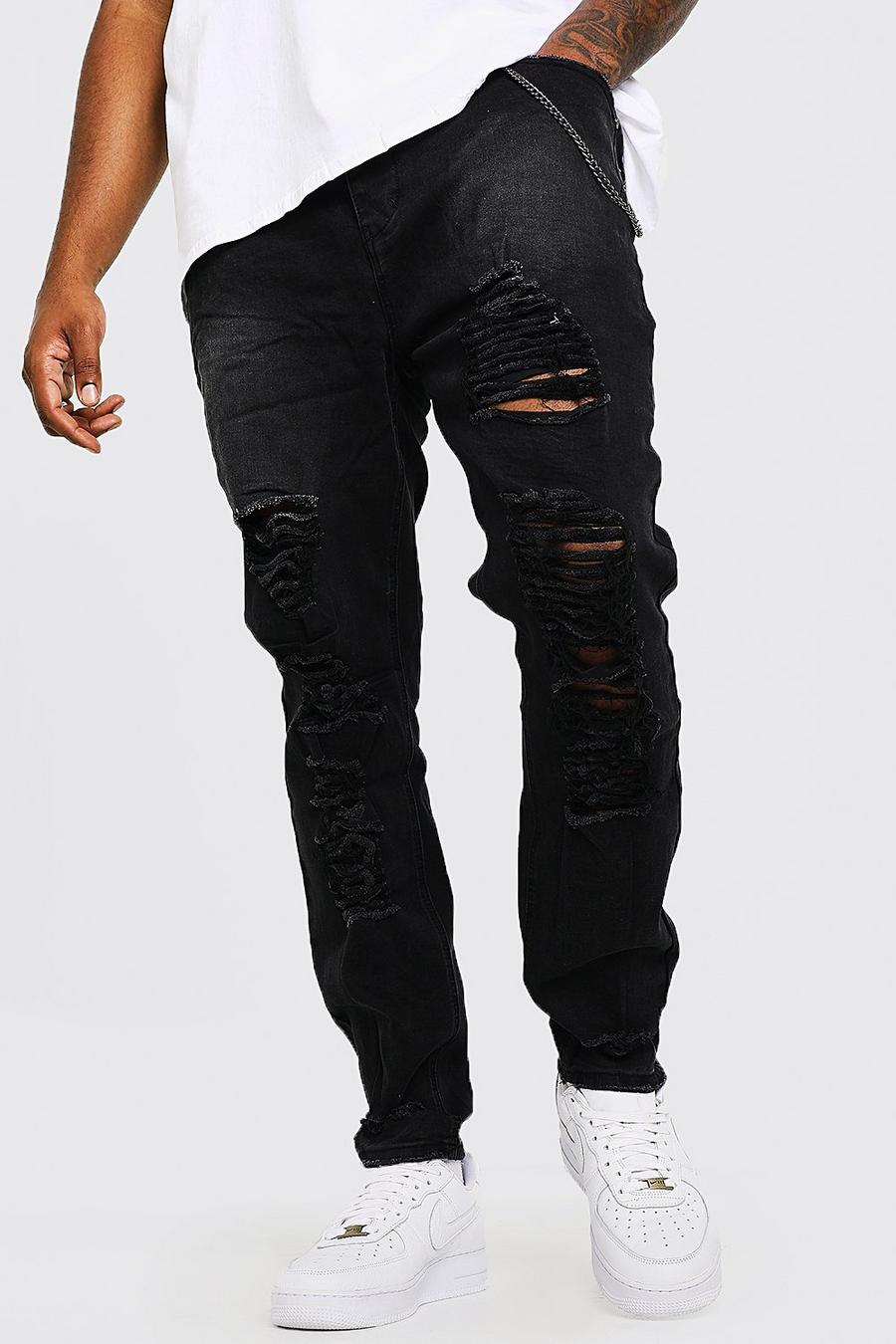 Big  & Tall Skinny Fit Jeans im Destroyed-Look, Schwarz image number 1