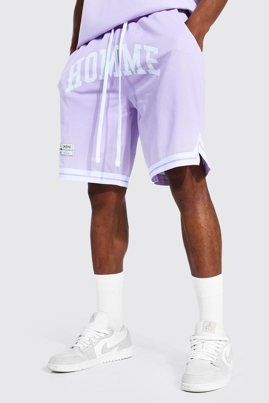Pantaloncini da basket in rete con fascia e scritta Homme, Viola image number 1