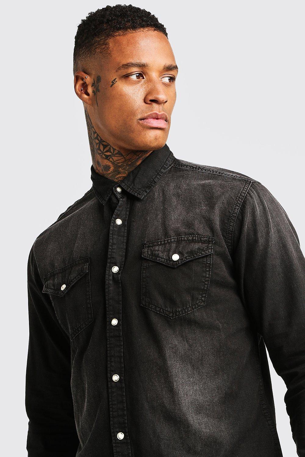 Washed Black Denim Shirt boohoo UK