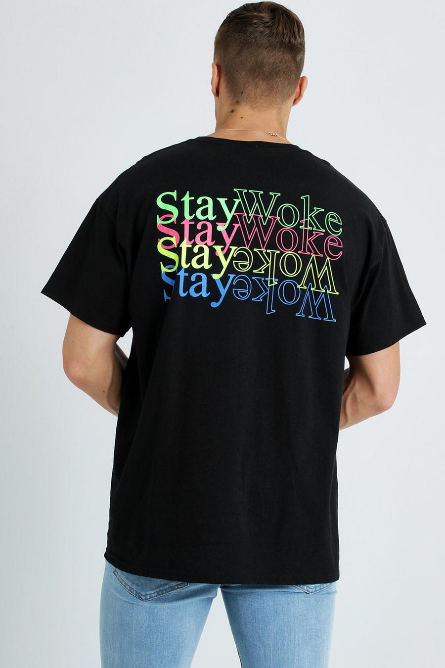 Camiseta ancha con estampado “Stay Woke”, Negro image number 1