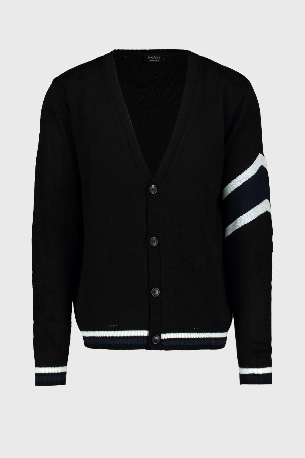 Men's Varsity Arm Stripe Knitted Cardigan | boohoo