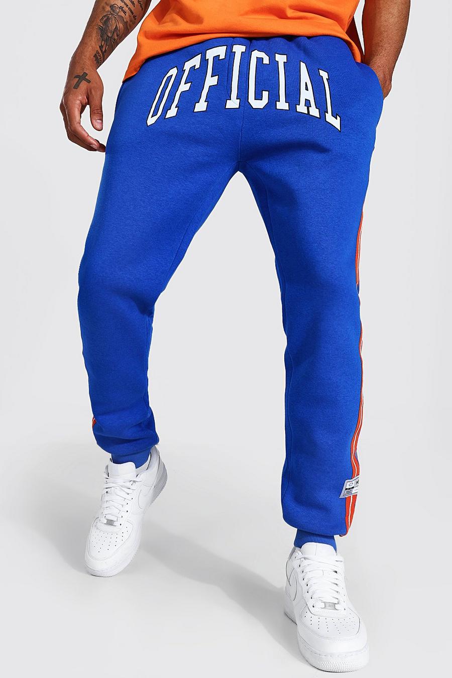 כחול מכנסי ריצה בגזרה רגילה עם פסים בסגנון נבחרת ספורט והדפס Official image number 1