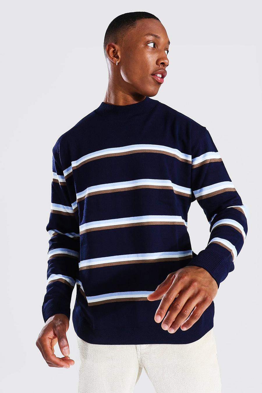 Navy Oversized Extended Neck Duo Stripe Sweater image number 1