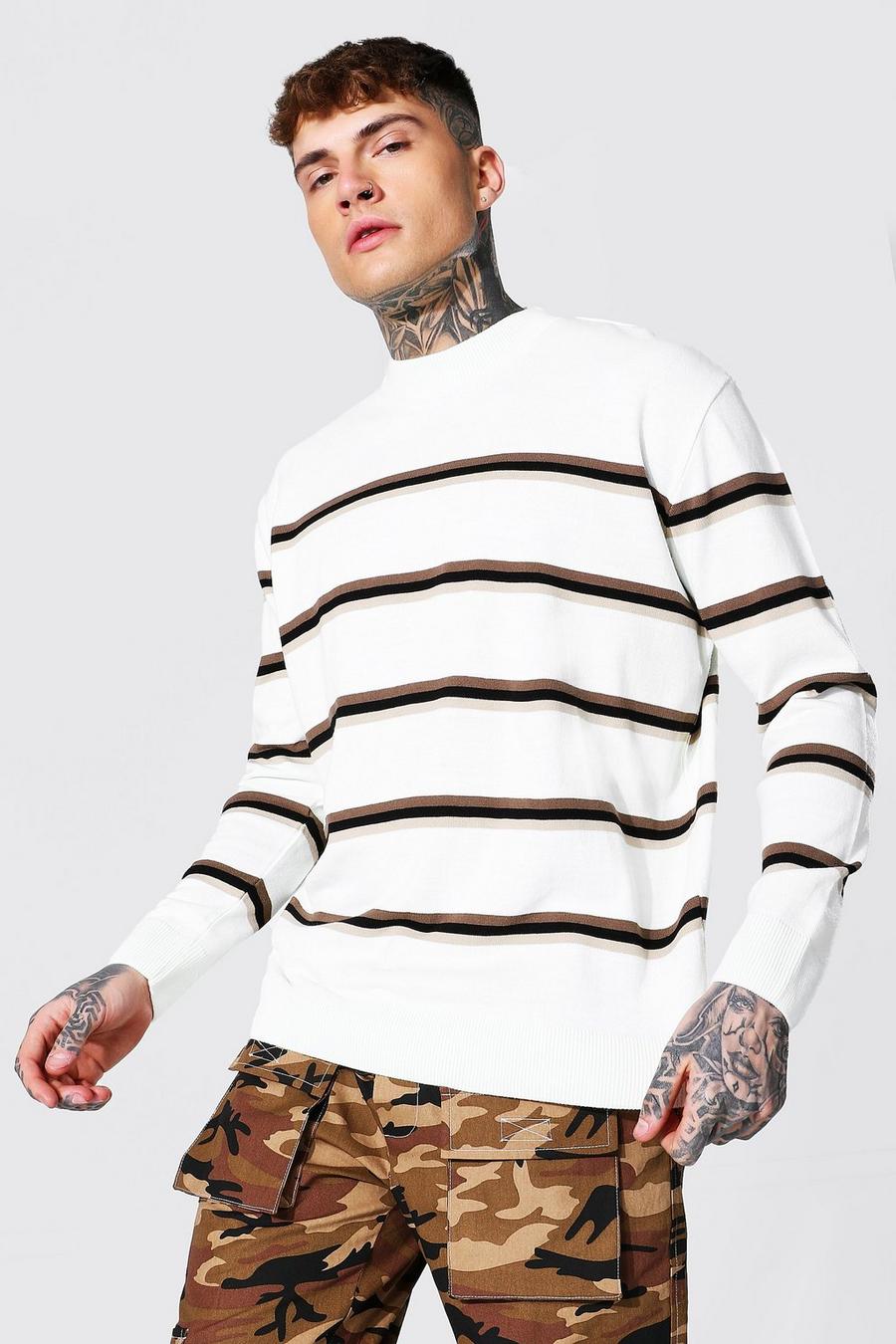 Ecru Oversized Extended Neck Duo Stripe Sweater image number 1