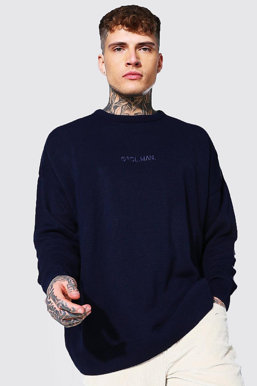 Übergroßer Pullover mit farblich abgestimmter „Ofcl Man“-Stickerei, Marineblau image number 1