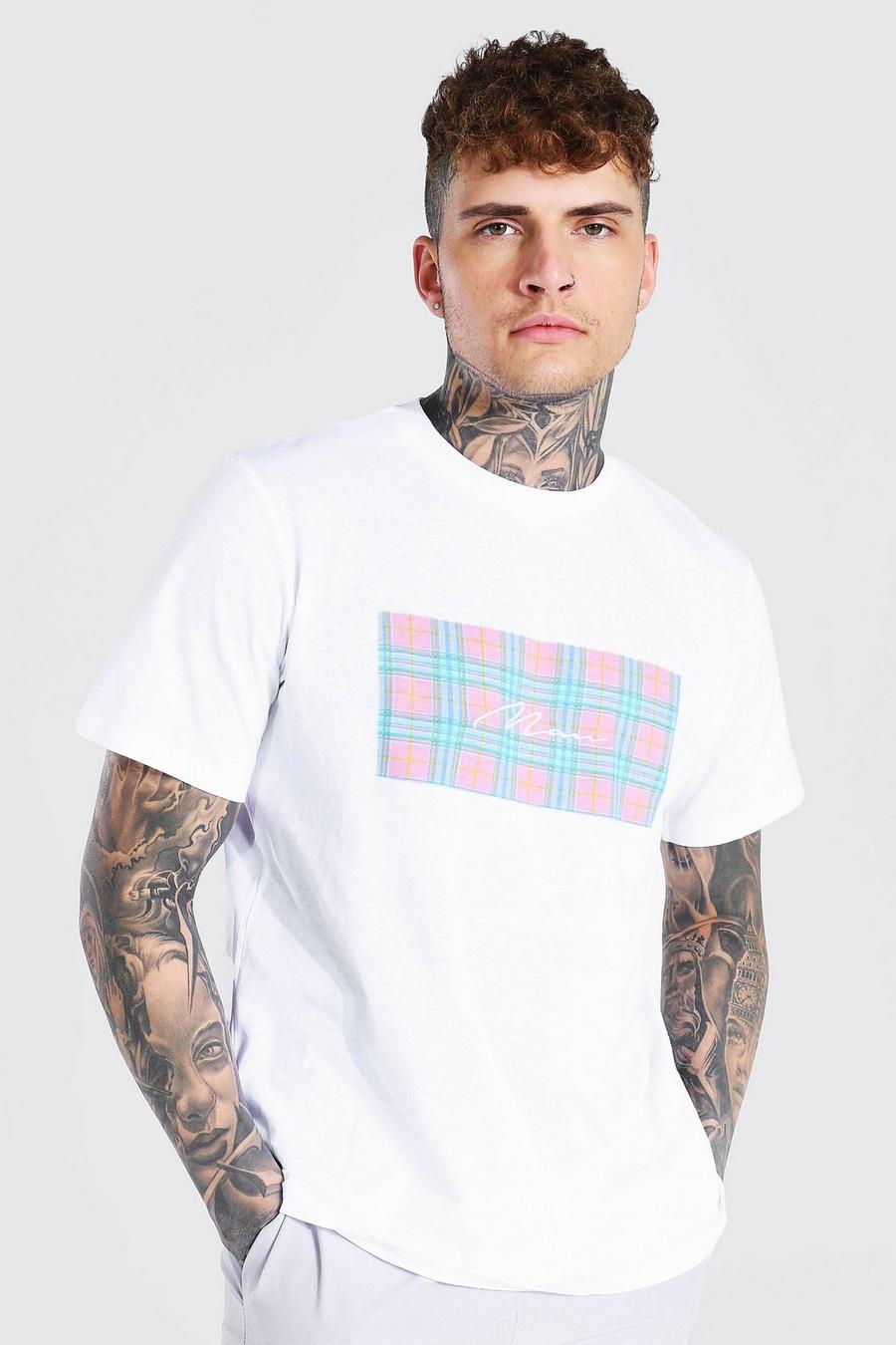 T-shirt con riquadro a quadri con firma MAN, Bianco image number 1