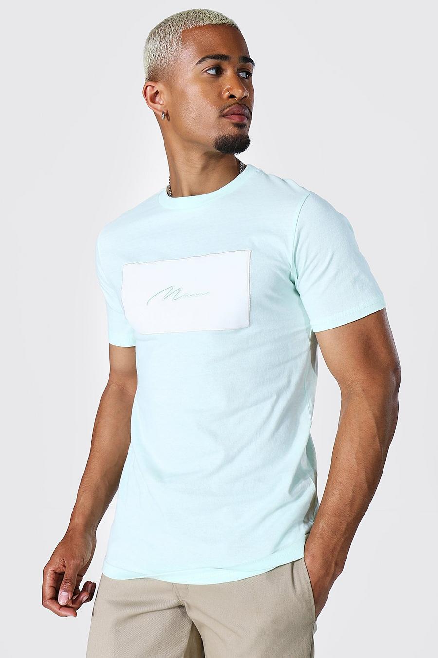 Boxy T-Shirt aus Velours in Slim Fit mit Man-Schriftzug, Grün image number 1