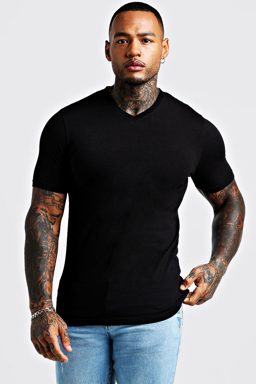 Black Basic Muscle Fit V Neck T-Shirt image number 1