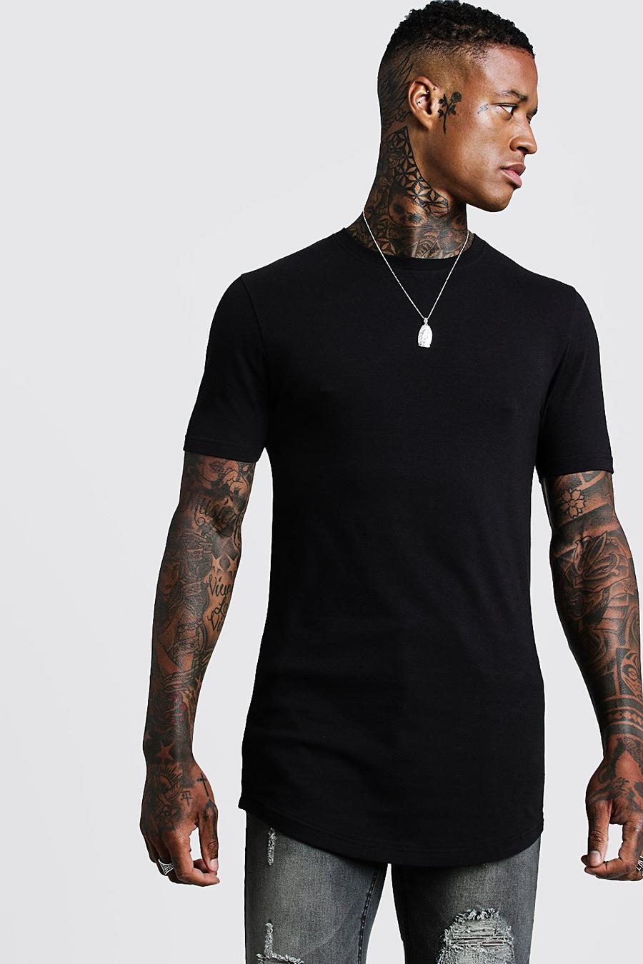 Black Basic t-shirt i lång modell med rundad fåll och muscle fit image number 1