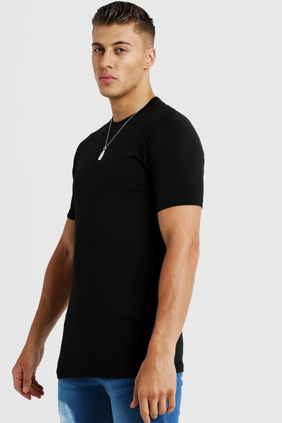 Black Basic t-shirt i lång modell med raglanärmar och muscle fit image number 1