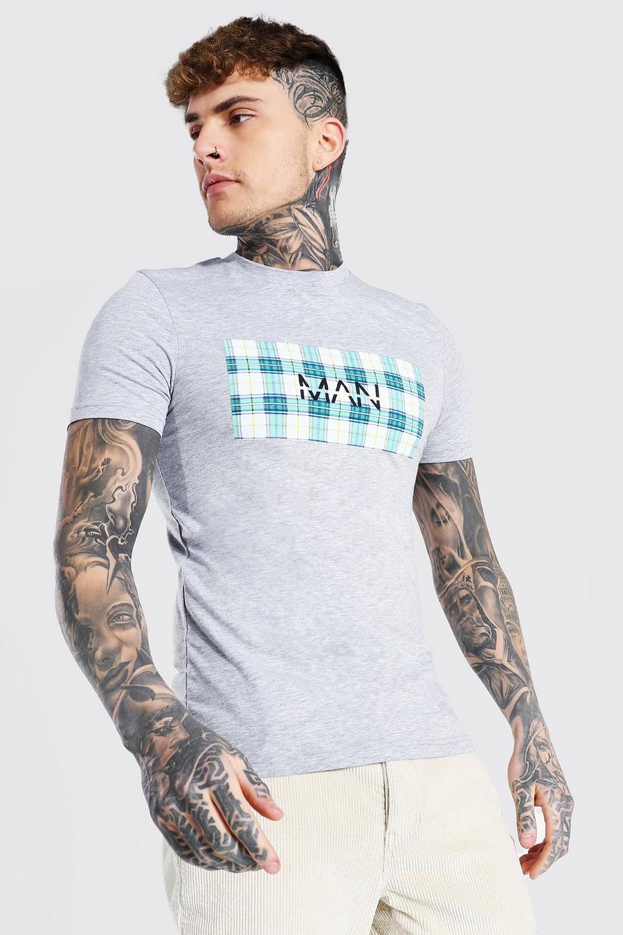 Muscle Fit T-Shirt mit Karobox und Original Man-Print, Grau meliert image number 1
