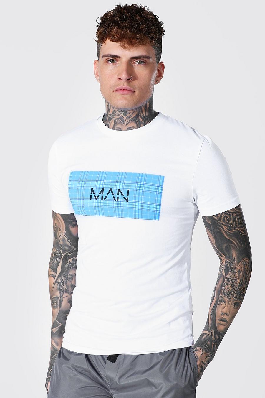 T-shirt sagomata con stampa Original MAN a quadri in un riquadro, Bianco image number 1