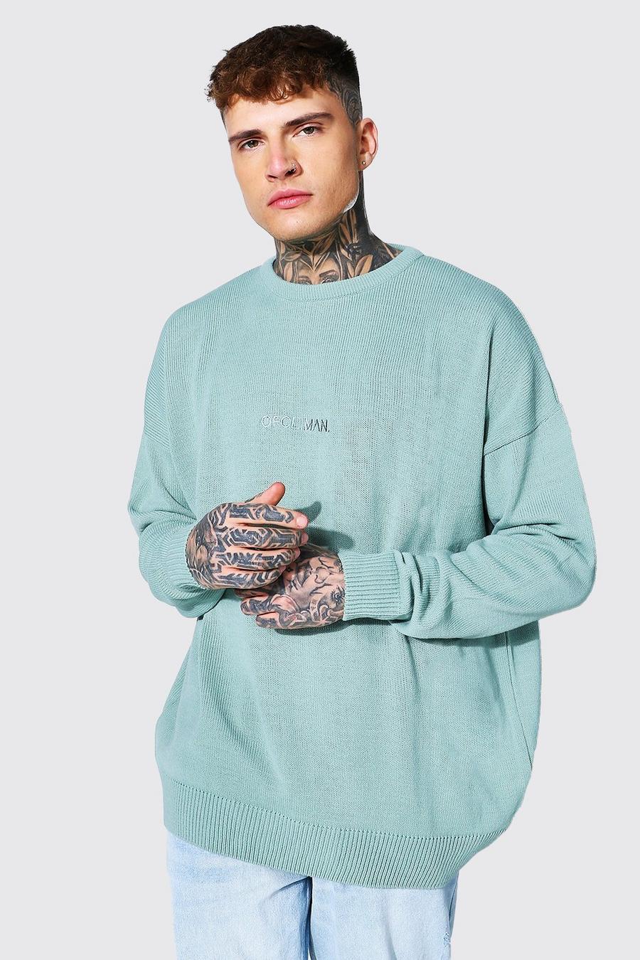 Übergroßer Pullover mit farblich abgestimmter „Ofcl Man“-Stickerei, Salbeigrün image number 1
